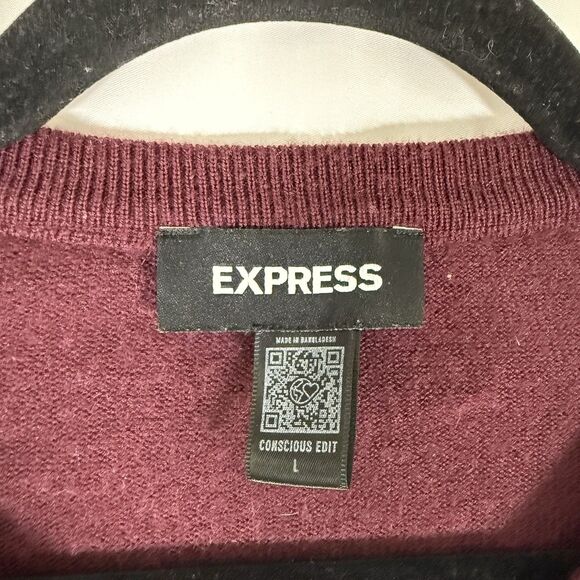 Express Merino Wool Sweater Men's Large Burgundy Long Sleeve Crew Neck Pullover - Picture 4 of 9